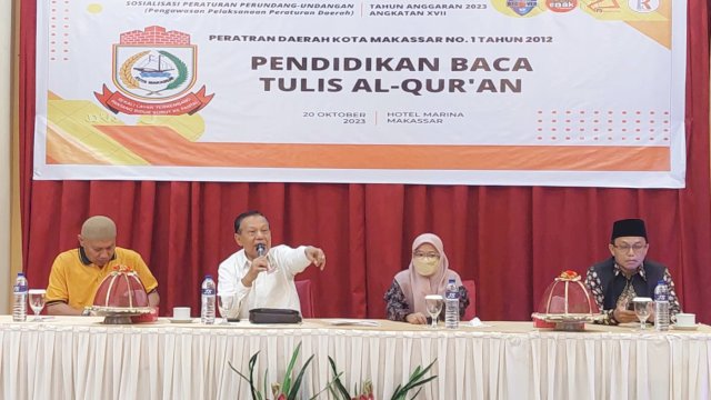 Anggota DPRD Makassar, HM Yunus sosialisasikan Perda Pendidikan Baca Tulis Al-Quran, di Hotel Marina, Jumat (20/10/2023).