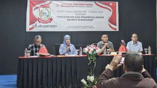 Wakil Ketua DPRD Makassar, Andi Suhada Sappaile sosialisasikan Perda Penanggulangan dan Bahaya Kebakaran, di Hotel Asyra Jl Maipa, Kota Makassar, Sabtu (11/11/2023).