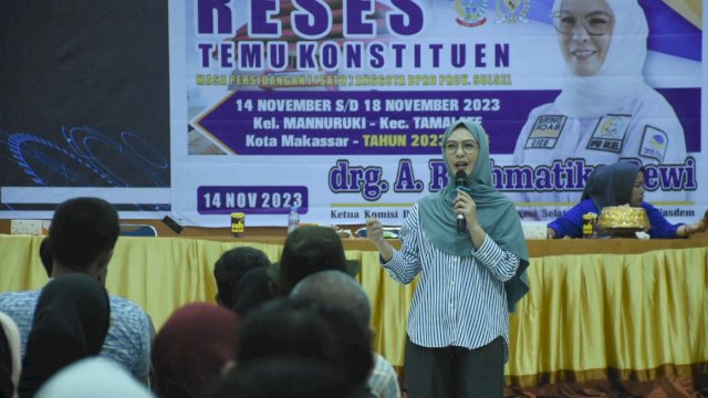 Ketua Komisi D DPRD Sulsel, Andi Rachmatika Dewi serap aspirasi warga Kelurahan Manuruki, Kecamatan Tamalate, Selasa (14/11/2023).
