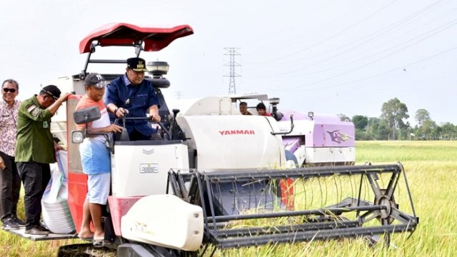 Penjabat Gubernur Sulsel, Bahtiar Baharuddin, saat pesta panen padi di Desa Pananrang, Kecamatan Mattiro Bulu, Kabupaten Pinrang.