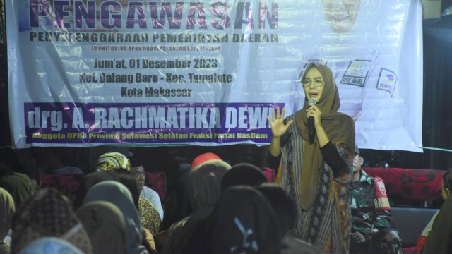 Ketua Komisi D DPRD Sulsel, Andi Rachmatika Dewi monitoring APBD Sulsel, di Kelurahan Balang Baru, Kecamatan Tamalate, Jumat (1/12/2023).