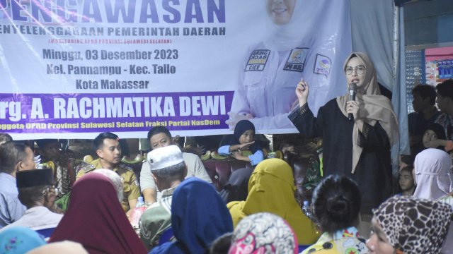 Ketua Komisi D DPRD Sulsel, Andi Rachmatika Dewi monitoring APBD Sulsel, di Kelurahan Pannampu, Kecamatan Tallo, Minggu (3/12/2023).