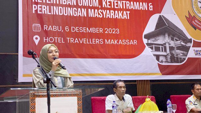 Anggota DPRD Makassar, Budi Hastuti sosialisasikan Perda Ketertiban Umum, Ketentraman dan Perlindungan Masyarakat, di Hotel Travellers Phinisi Makassar, Rabu (6/12/2023).