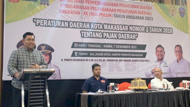 Anggota DPRD Makassar, Imam Musakkar sosialisasikan Perda Pajak Daerah, di Hotel Harper, Jalan Perintis Kemerdekaan, Kamis (7/12/2023).