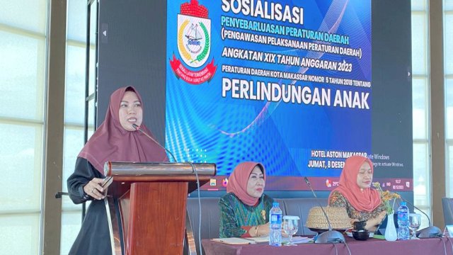 Anggota DPRD Makassar, Fatma Wahyuddin sosialisasikan Perda Perlindungan Anak, di Hotel Aston, Jl Sultan Hasanuddin, Jumat (8/12/2023).