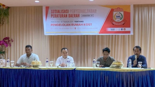 Sekretariat DPRD Makassar mengadakan sosialisasi Perda Pengelolaan Rumah Kost di Hotel Sorison, Jl Perintis Kemerdekaan, Jumat (8/12/2023).