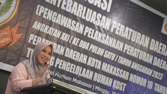 Anggota DPRD Makassar, Fatma Wahyuddin sosialisasikan Perda Pengelolaan Rumah Kost, di Hotel Horison, Minggu (10/12/2023).