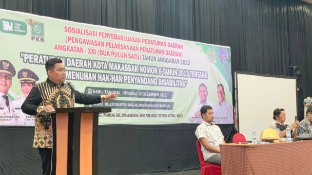 Anggota DPRD Makassar, Imam Musakkar sosialisasikan Perda Pemenuhan Hak-hak Penyandang Disabilitas, di Hotel Swiss-Belinn, Jl Boulevard, Minggu (10/12/2023).