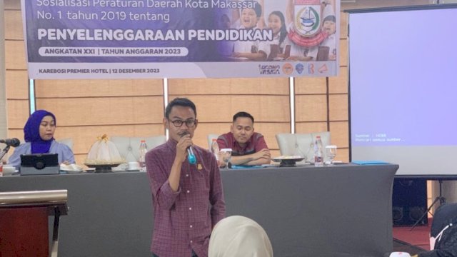 Anggota DPRD Makassar, Sahruddin Said sosialisasikan Perda Penyelenggaraan Pendidikan, di Hotel Karebosi Premier, Jl Jenderal M Jusuf, Selasa (12/12/2023).