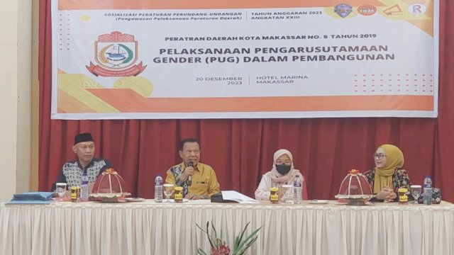 Anggota DPRD Makassar, HM Yunus sosialisasikan Perda Pengarusutamaan Gender dalam pembangunan, di Hotel Marina, Jl Andalas, Rabu (20/12/2023).