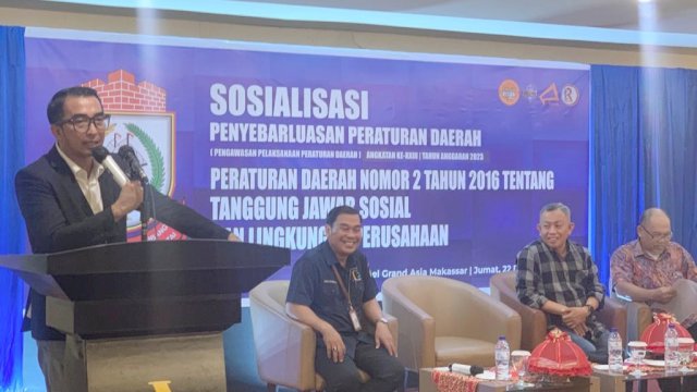 Anggota DPRD Makassar, Mario David sosialisasikan Perda Tanggung Jawab Sosial dan Lingkungan Perusahaan, di Hotel Grand Asia, Jumat (22/12/2023).