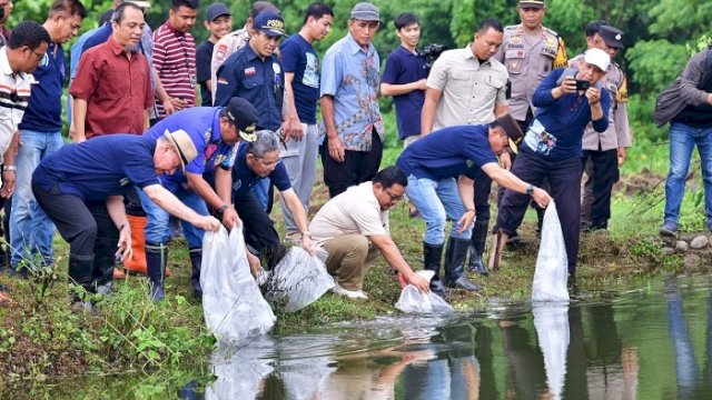 Pj Gubernur, Kapolda dan Rektor Unismuh Tebar 8.000 Bibit Ikan Nila