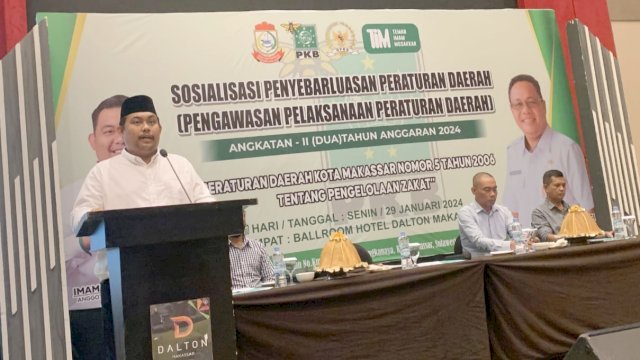 Anggota DPRD Makassar, Imam Musakkar sosialisasi Pengelolaan Zakat, di Hotel Dalton, Jalan Perintis Kemerdekaan, Senin (29/1/2024).