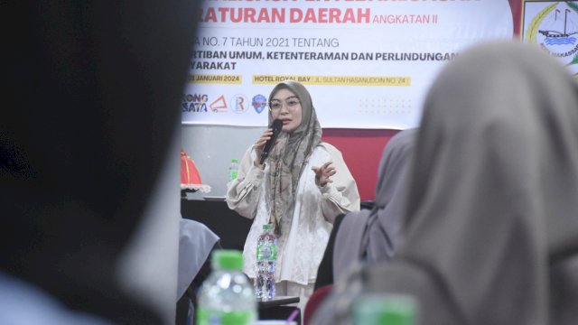 Anggota DPRD Makassar, Budi Hastuti sosialisasi Ketertiban Umum, Ketentraman, dan Perlindungan Masyarakat, di Hotel Royal Bay, Jl Sultan Hasanuddin, Rabu (31/1/2024).
