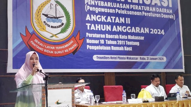 Anggota DPRD Makassar, Fatma Wahyuddin sosialisasi Pengelolaan Rumah Kost, di Hotel Travelers Phinisi, Jl Lamadukelleng Buntu, Rabu (31/1/2024).