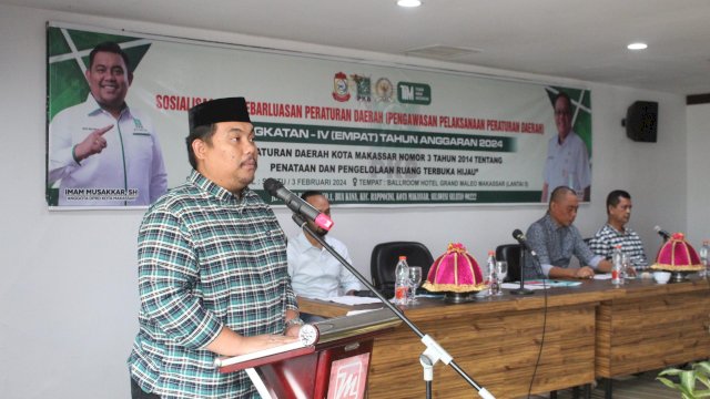 Anggota DPRD Makassar, Imam Musakkar sosialisasi Penataan dan Pengelolaan Ruang Terbuka Hijau, di Hotel Grand Maleo, Sabtu (3/2/2024).