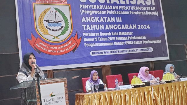 Anggota DPRD Makassar, Fatma Wahyuddin sosialisasi Pengarustamaan Gender (PUG) dalam Pembangunan, di Hotel Travelers Phinisi, Jl Lamadukelleng Buntu, Kamis (1/2/2024).