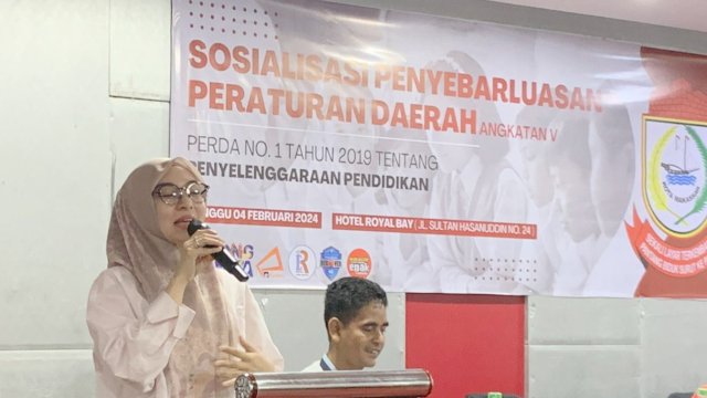 Anggota DPRD Makassar, Budi Hastuti sosialisasi Penyelenggaraan Pendidikan, di Hotel Royal Bay, Jl Sultan Hasanuddin, Minggu (4/2/2024).