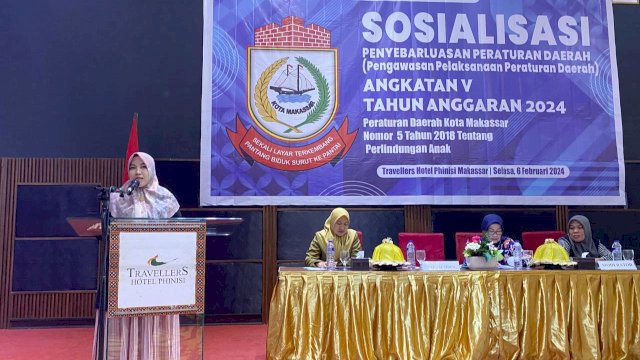 Anggota DPRD Makassar, Fatma Wahyuddin sosialisasi Perlindungan Anak, di Hotel Travelers, Selasa (6/2/2024).