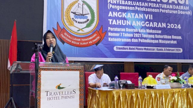 Anggota DPRD Makassar, Fatma Wahyuddin sosialisasi Ketertiban umum, Ketentraman dan Perlindungan Masyarakat, di Hotel Travellers Phinisi Makassar, Jl Lamadukelleng Buntu, Kamis (8/2/2024).