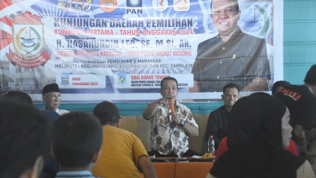 Anggota DPRD Makassar, Hasanuddin Leo melaksanakan Kunjungan Dapil, di Cafe Ruang Tunggu, Jl Danau Tanjung Bunga, Kelurahan Maccini Sombala, Rabu (7/2/2024).