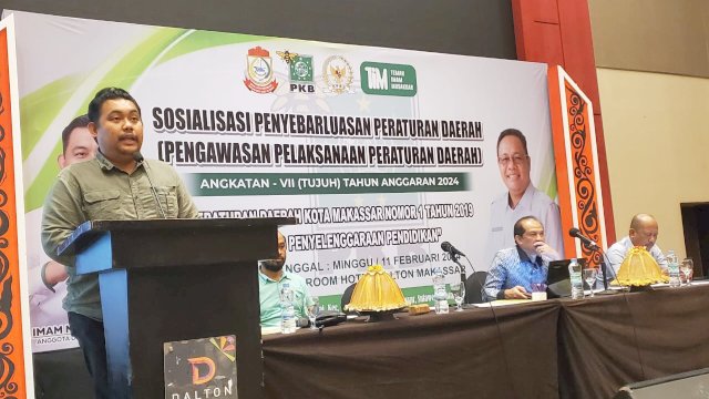 Anggota DPRD Makassar, Imam Musakkar sosialisasi Penyelenggaraan Pendidikan, di Hotel Dalton, Jl Perintis Kemerdekaan, Minggu (11/2/2024).