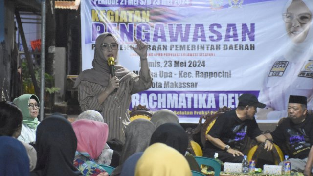 Ketua Komisi D DPRD Sulsel, Andi Rachmatika Dewi melaksanakan monitoring APBD Sulsel, di Kelurahan Minasa Upa, Kecamatan Rappocini, Makassar, Kamis (23/5/2024).