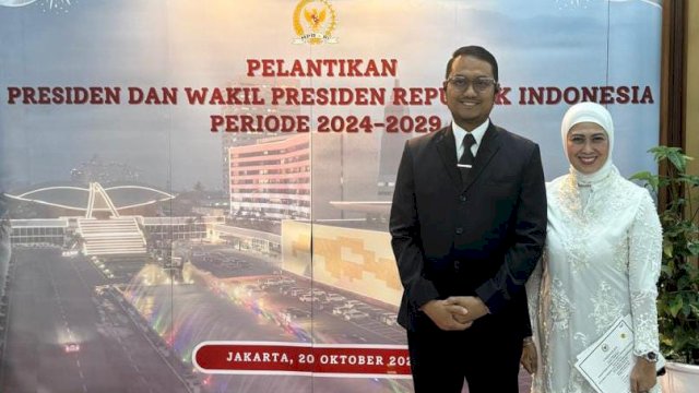 Calon Wali Kota Makassar nomor urut 2, Andi Seto Asapa didampingi sang istri, Andi Hilda menghadiri pelantikan Presiden RI Prabowo Subianto, Minggu (20/10/2024).
