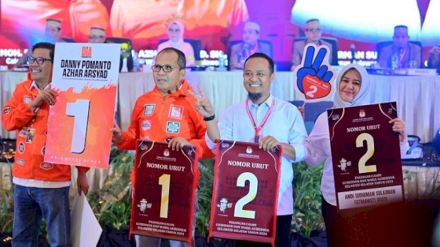 Dua pasangan calon gubernur dan wakil gubernur Sulsel yang akan maju dalam Pilkada Sulsel 2024, masing-masing pasangan Andi Sudirman Sulaiman-Fatmawati Rusdi (Andalan Hati) dan Moh Ramdham Pomanto-Azhar Arsyad (DIA).