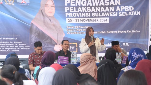 Ketua Fraksi Demokrat Sulsel, Fatma Wahyuddin melaksanakan Pengawasan APBD, di Kelurahan Kampung Buyang, Kecamatan Mariso, Makassar, Jumat (22/11/2024).