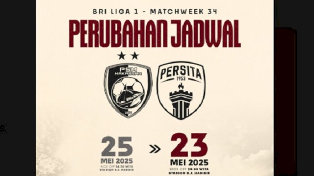 Laga PSM Makassar menjamu Persita Tangerang, yang semula akan digelar Minggu (25/5), dimajukan menjadi Jumat (23/5), dengan jam kickoff 19.00 WIB, di Stadion Gelora BJ Habibie, Kota Parepare. (tangkapan layar/@PSM_Makassar)