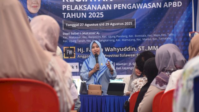Ketua Fraksi Demokrat Sulsel, Fatma Wahyuddin melaksanakan Kegiatan Pengawasam APBD Sulsel, Jalan Gunung Lokon Lorong 59, Kelurahan Lajangiru, Kecamatan Ujung Pandang, Rabu (27/8/2025).